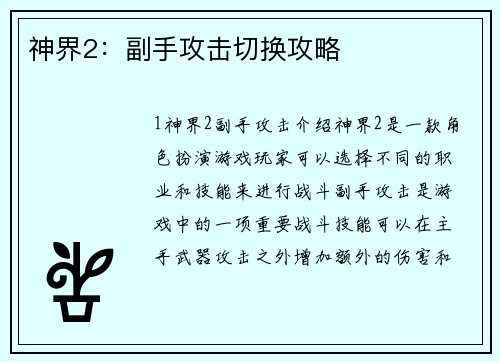 神界2：副手攻击切换攻略